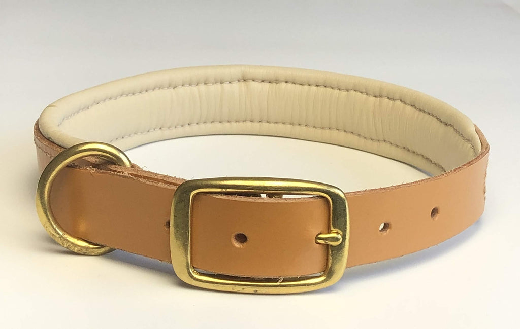 KLASSY K9 SEDGWICK BRIDLE LEATHER PADDED DOG COLLAR IN LONDON TAN WITH CREAM LEATHER PADDING LARGE 19"-23" 48CM-58CM WITH BRASS ACCESSORIES - PawsPlanet Australia