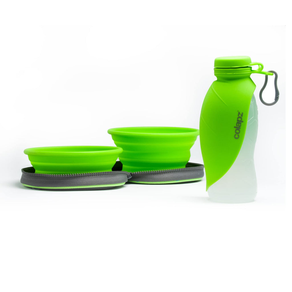 Two Collapsible Dog Bowls and Portable Dog Water Bottle Travel Set - Pet and Puppy Travel and Dog Walking Accessories - Foldable Bowl with Water and Food Dispenser - Green - PawsPlanet Australia
