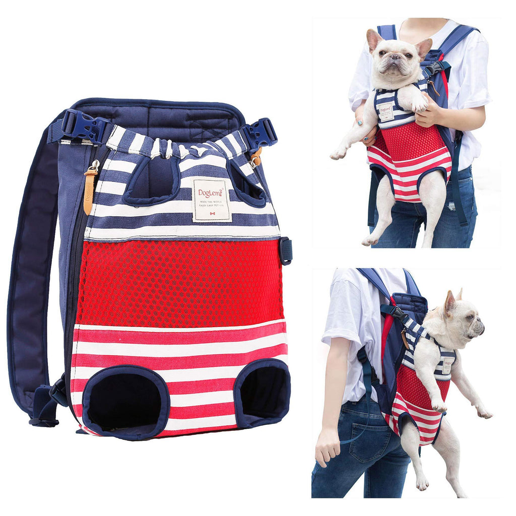 Legs Out Front Pet Dog Carrier Front Chest Backpack, Adjustable Hands-Free Backpack Travel Bag for Small Medium Dog Puppy Cat Outdoor, Shoulder Strap Padded Leg Spacing 21 CM x Length 40 CM RedBlue-Stripe - PawsPlanet Australia