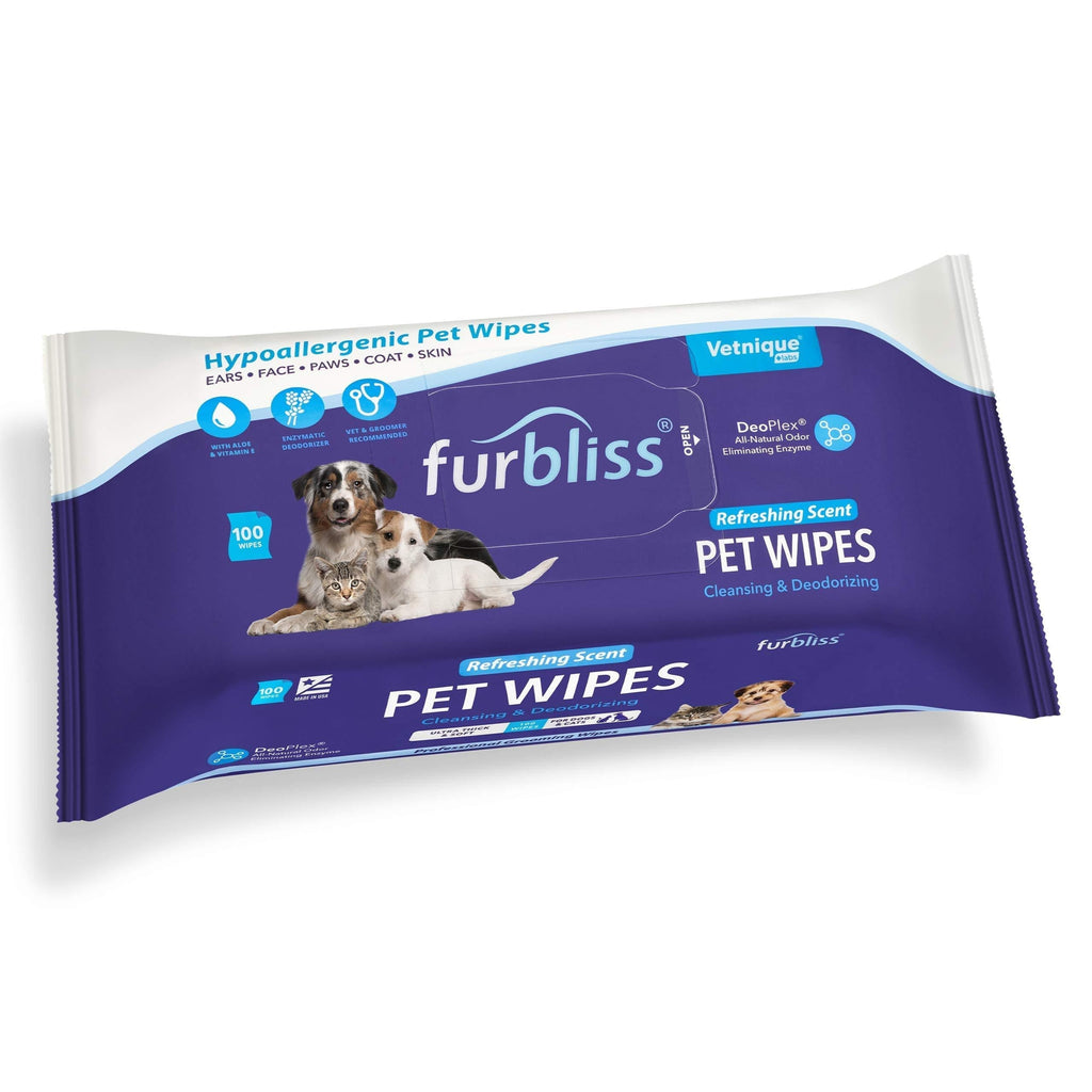 Furbliss Hygienic Pet Wipes for Dogs & Cats, Cleansing Grooming & Deodorizing Hypoallergenic Thick Wipes with All Natural Deoplex Deodorizer by Vetnique Labs Refreshing Scent 100ct Pouch - PawsPlanet Australia
