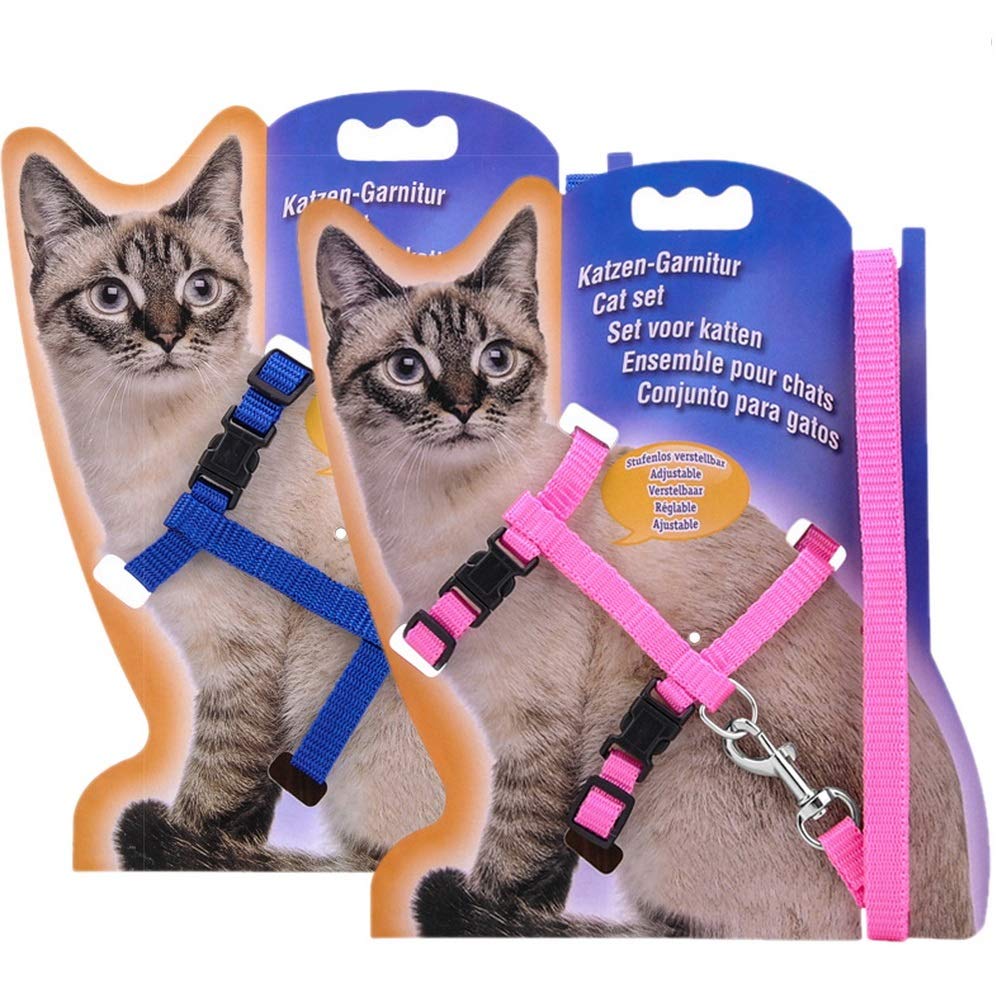 kuou 2 Pcs Adjustable Cat Lead Leash, Pet Harness Walking Training for Kitten Puppy, Blue + Pink - PawsPlanet Australia