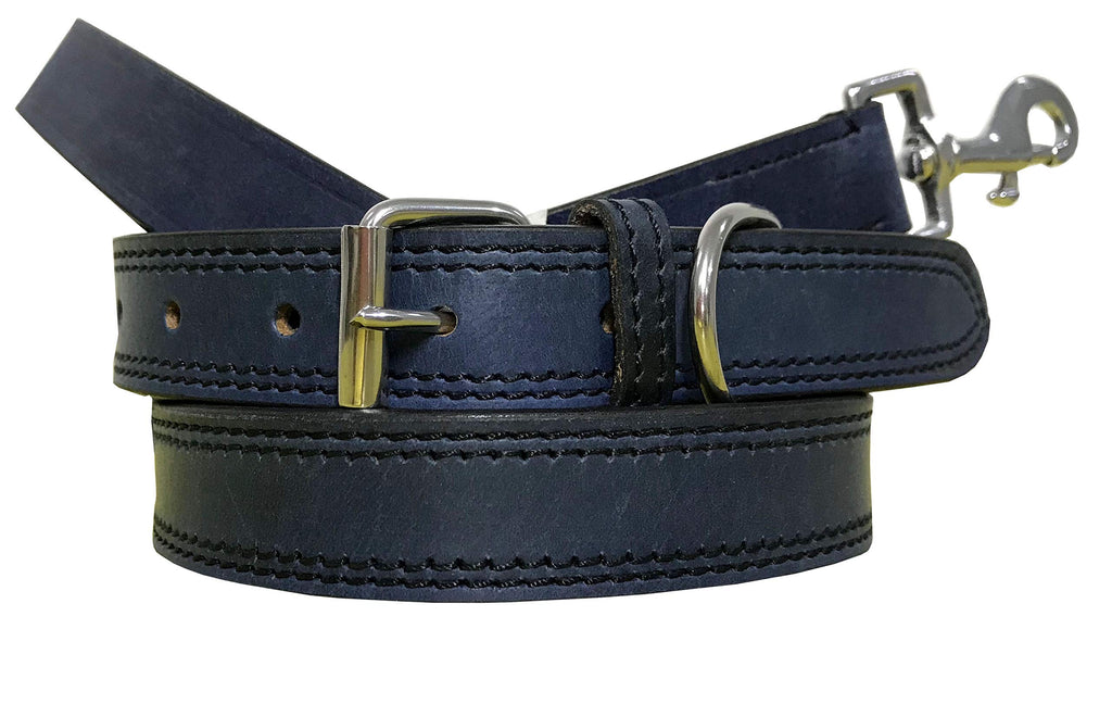 BRADLEY CROMPTON Genuine Leather Matching Pair Dog Collar and Lead Set S S (31-41cm) NavyBlue - PawsPlanet Australia