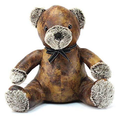 Faux Leather Brown Colour Sitting Teddy Bear Doorstop with Black and White Stitching Bow Collar 1.2kg - PawsPlanet Australia