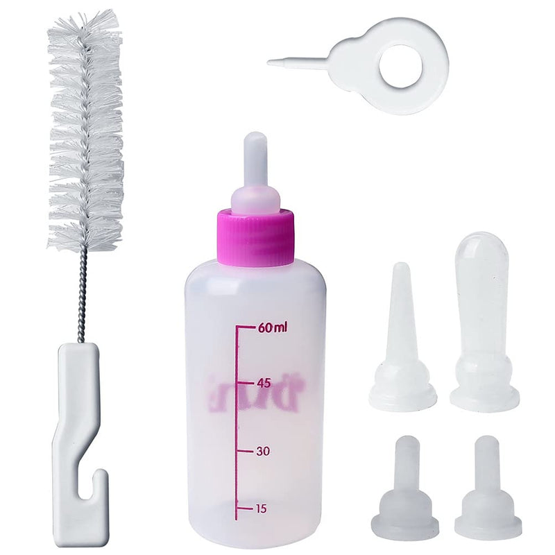 kuou 60ML Puppy Nursing Bottle Kit, Dog Cat Puppy Milk Feeding Bottle With 4 Replacement Nipples Milk Feeder Nursing Care Set and 1PCS Nipple Brush - PawsPlanet Australia