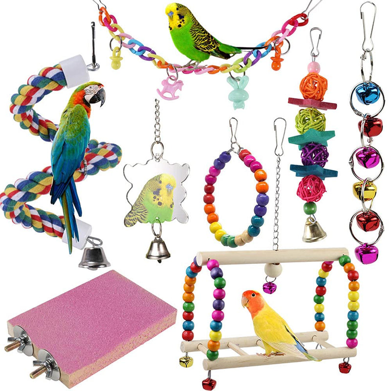 ACEONE Bird Parrot Toys, Hanging Bell Bird Cage Swing Toy, Wooden Perch Chewing Toys for Small Parakeets, Cockatiels, Conures, Budgie, Lovebirds, Macaws (8Pcs Brid Toys) 8Pcs Brid Toys - PawsPlanet Australia