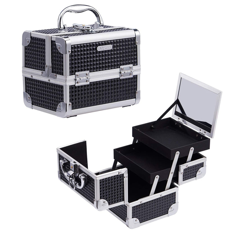 Joligrace Girls Makeup Box with Mirror Vanity Case Jewelry Organiser Nail Box Cosmetic Case Light Weight, 2 Trays Lockable with Keys (Black) Black - PawsPlanet Australia