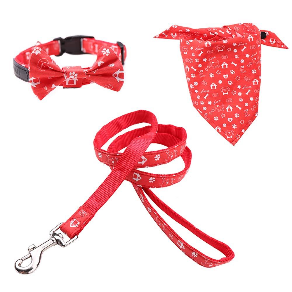 Rayzm Cotton Dog Collar/Leash & Triangle Dog Bandana 3PCS Set for small dogs, Detachable Bow-knot Collar,Adjustable Neckerchief Scarf for Dogs Cats Pets (S) S - PawsPlanet Australia