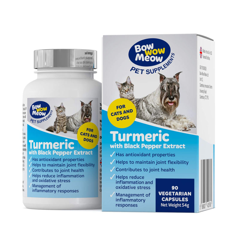 Bowwow Turmeric Pet Supplements for Dogs & Cats | 500mg per Serving | 90 Vegetarian Capsules with Curcumin & Black Pepper | Joint Care Tablets for Dogs - PawsPlanet Australia