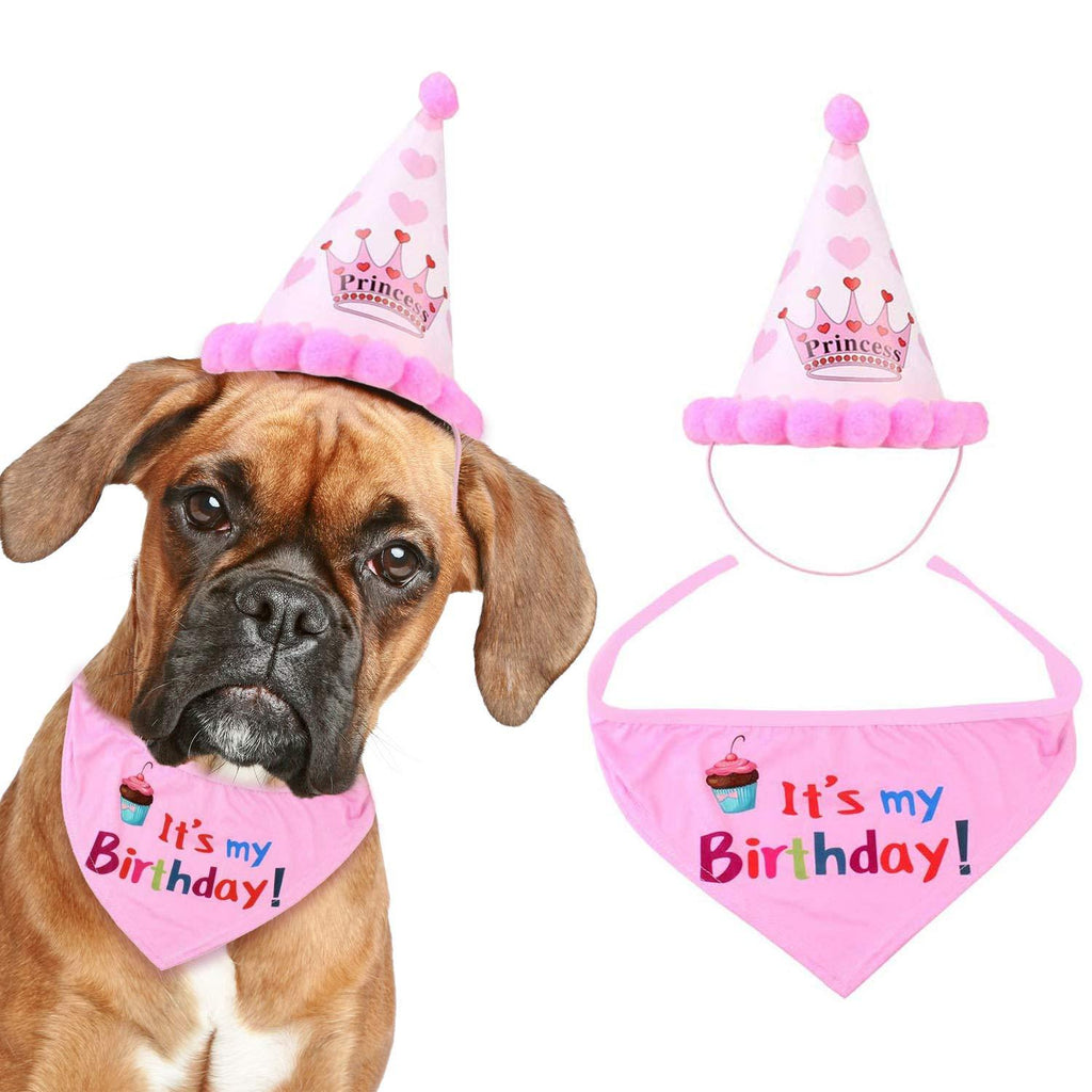 XCOZU Dog Bandana Set,Dogs Happy Birthday Bandanas Scarf Dog Birthday Hat for Girls Small Medium Large Dogs,Bandana for Dogs Pet Birthday Gift Decorations Accessories Pink - PawsPlanet Australia