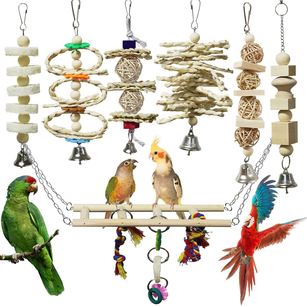 onebarleycorn - 7 Pcs Bird Toys for Parrots,Bird Parrot Swing Chewing Natural Wood Hanging Bell Bird Cage Toys Suitable for Small Parakeets, Cockatiels, Conures, Finches,Budgie,Macaws,Love Birds - PawsPlanet Australia