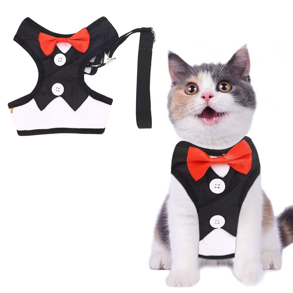 fushida Adjustable Elegant Cat Harness Bow Tie, Soft Escape Proof Cat Vest and Lead Set (Leash Length 125cm) (M, Y04) M - PawsPlanet Australia
