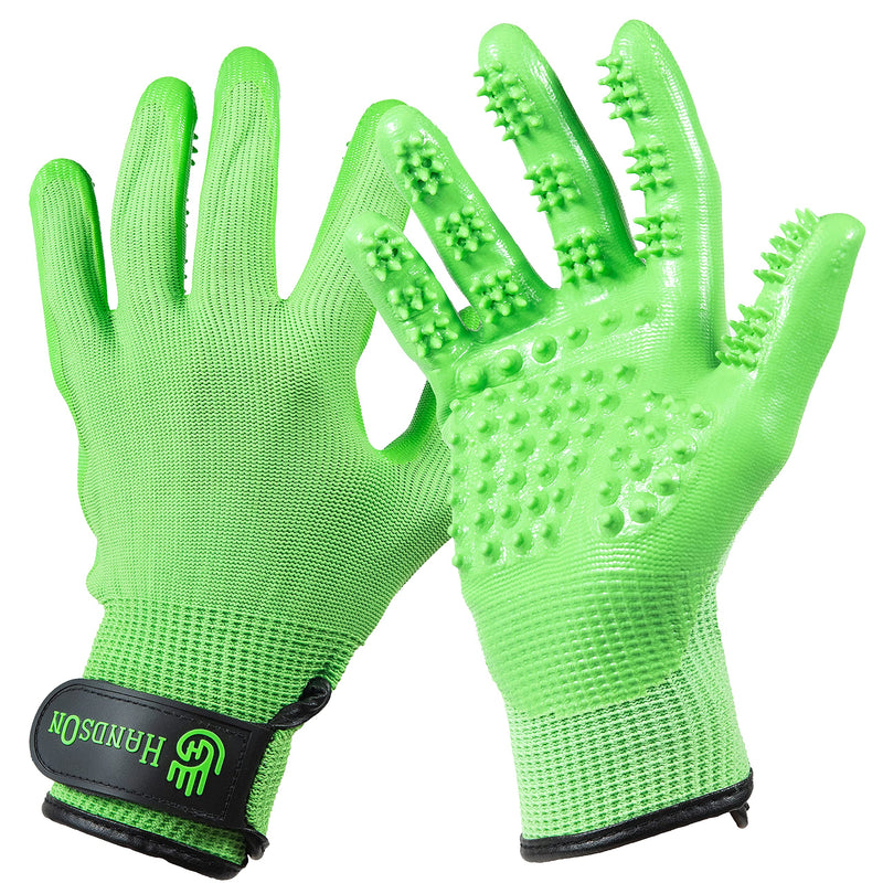 Handson Pet Grooming Gloves - #1 Ranked, Award Winning Shedding, Bathing, Hair Remover Gloves for Cats, Dogs, and Horses (Mono-Green, Small) S Mono-Green - PawsPlanet Australia