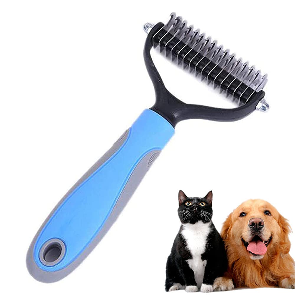 QMYS Pet Dematting Comb Dogs and Cats Dematting Rake Combs Grooming Tool Deshedding Brush Pets Loose Knots Hair Removal Trimmer (Blue, Large) - PawsPlanet Australia
