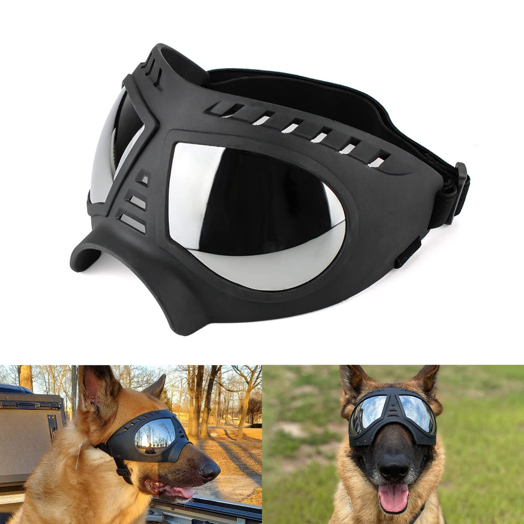 Namsan Dog Goggle UV Protection Dog Sunglasses Waterproof Windproof Adjustable Goggles for Middle/Large Dog-Black (Large) Silver Lens - PawsPlanet Australia