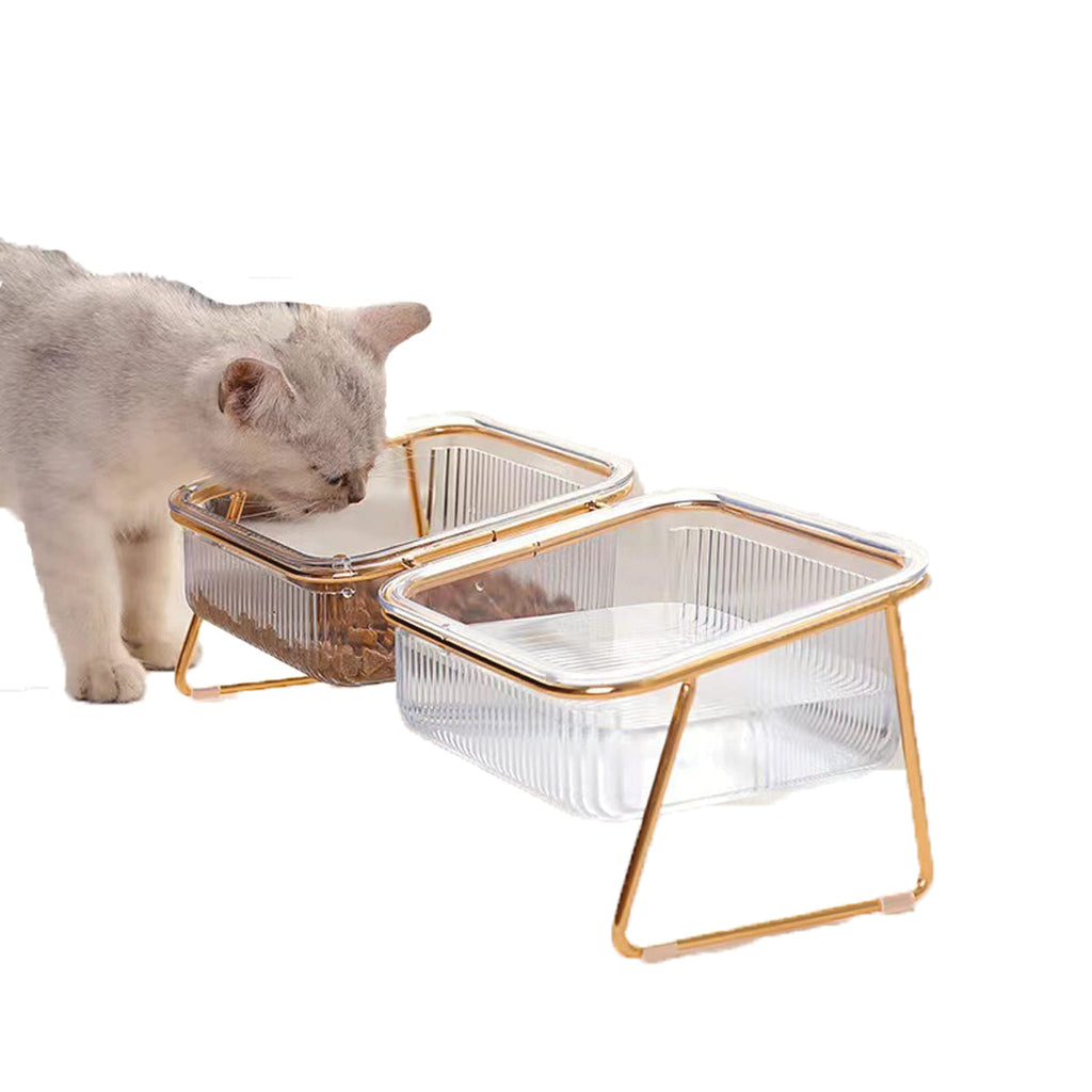 Hamkaw - Double Cat Bowl with Raised Stand, 15° Tilted Anti-Slip Transparent Cat Food and Water Bowl, Protect Pets Cervical Vertebra, Detachable Pet Bowl for Cats and Small Dogs white - PawsPlanet Australia