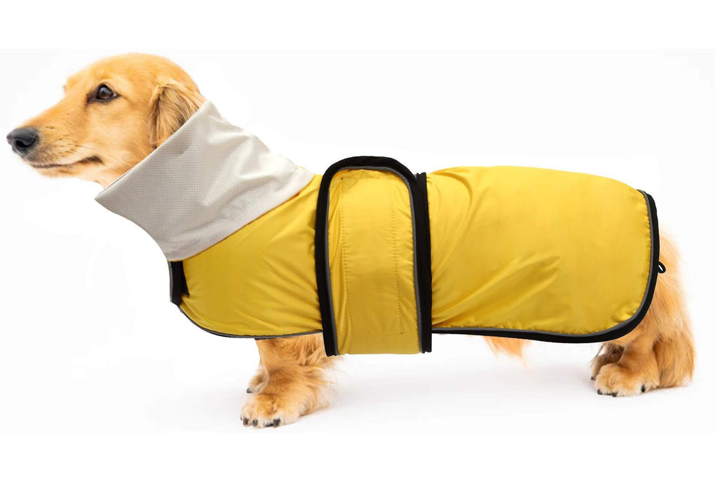 Geyecete Dog Jacket Adjustable Lightweight Dachshund Raincoat with Reflective Straps and Harness Hole Best Gift for Dachshund，High collar -Yellow -L L(Back Length:41-43CM) Yellow - PawsPlanet Australia