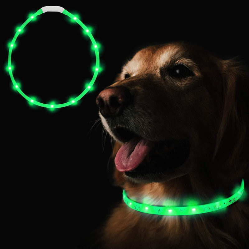 Heatigo LED light dog collar, USB charging night safety super bright dog collar, adjustable pet collar (70 cm), with cute dog pattern-3 light modes (Green) Green - PawsPlanet Australia