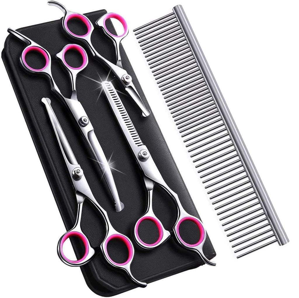 Zwini Pet Grooming Scissors Set 5 in 1 Stainless Steel Pet Trimmer Kit Pet Grooming Scissors Set Hair Care for Dog Cat With 7.5-inch Cutting Scissors Thinning Shear Curved Scissors Grooming Comb - PawsPlanet Australia