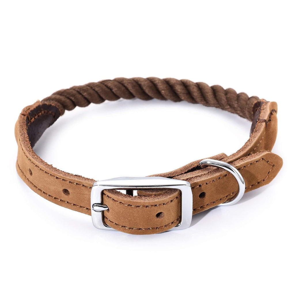 Mile High Life | Premium Cotton Rope Dog Collar | Stainless Steel Pin Buckle Ring Dog Collar | Genuine Leather Belt Collar | For Medium Dog Large Dogs(Dark Brown, Medium Neck 14"-18" -40 lb) Dark Brown - PawsPlanet Australia