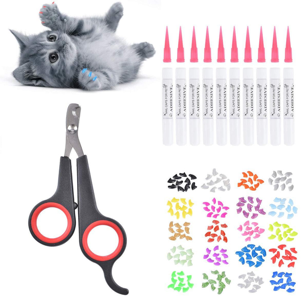Queta Cat claw protection and nail clipper, 200 cat nail covers in 20 colors (20 capsules/pack) with glue. With black cat nail clipper. - PawsPlanet Australia