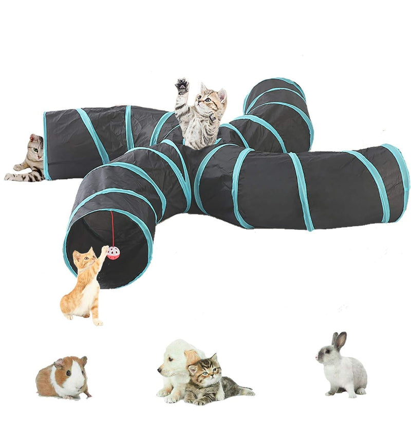 Lightweight Collapsible 5 Way Cat Tunnel with Pompom and Bells,Interactive Crinkle Pop Up Maze House Toy for Cat,Small Rabbits,Kittens,Puppy, Ferrets, Guinea Pig (4 way S-shape, Blue/Black) 4 way S-shape Blue/Black - PawsPlanet Australia