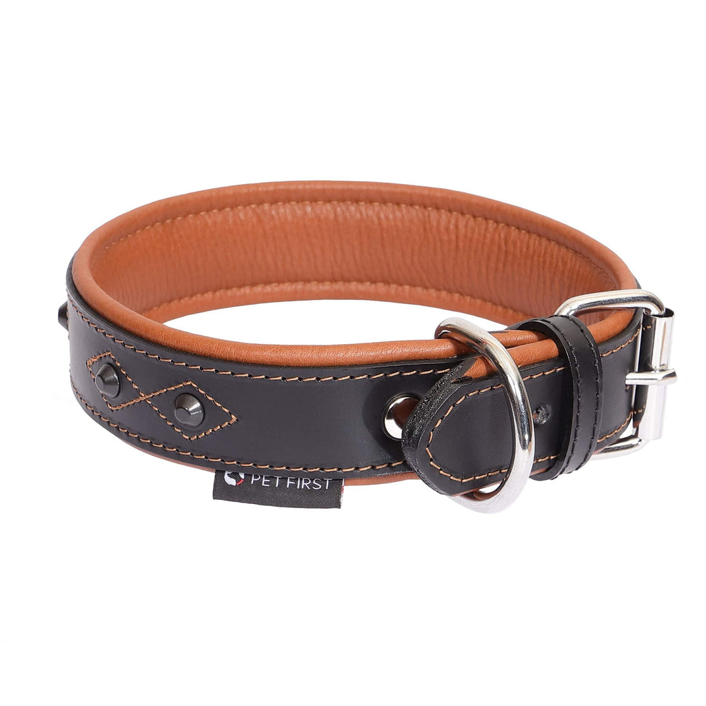 PET FIRST Leather Rivet Collar with Lining Black/Brown Leather Dog Collar with Rivets | Handmade in Europe Adjustable Leather Dog Collar - Circumference 43-50 cm Width 40 mm / Circ. 43-50 cm / 16.9-19.6 inch - PawsPlanet Australia