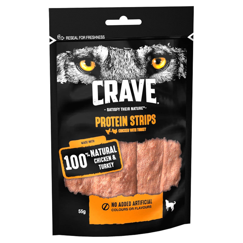 Crave Dog Treat, High Protein Strips, Grain Free, Chicken with Turkey, 7x55g - PawsPlanet Australia
