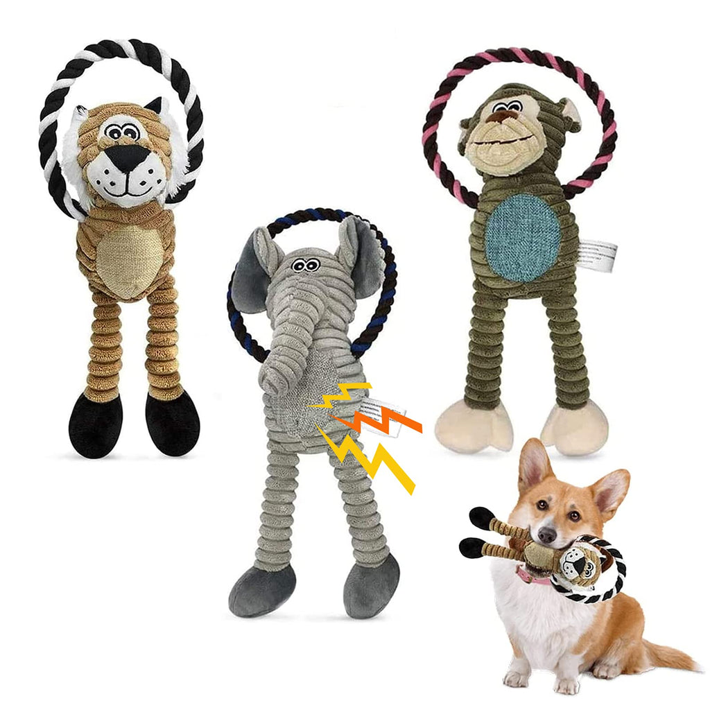 Newthinking Squeaky Dog Plush Toys, Interactive Dog Chew Toys for Boredom, Puppy Plush Toys with Rope for Small Medium Dogs, 3 Pack, Monkey, Elephant, Lion - PawsPlanet Australia