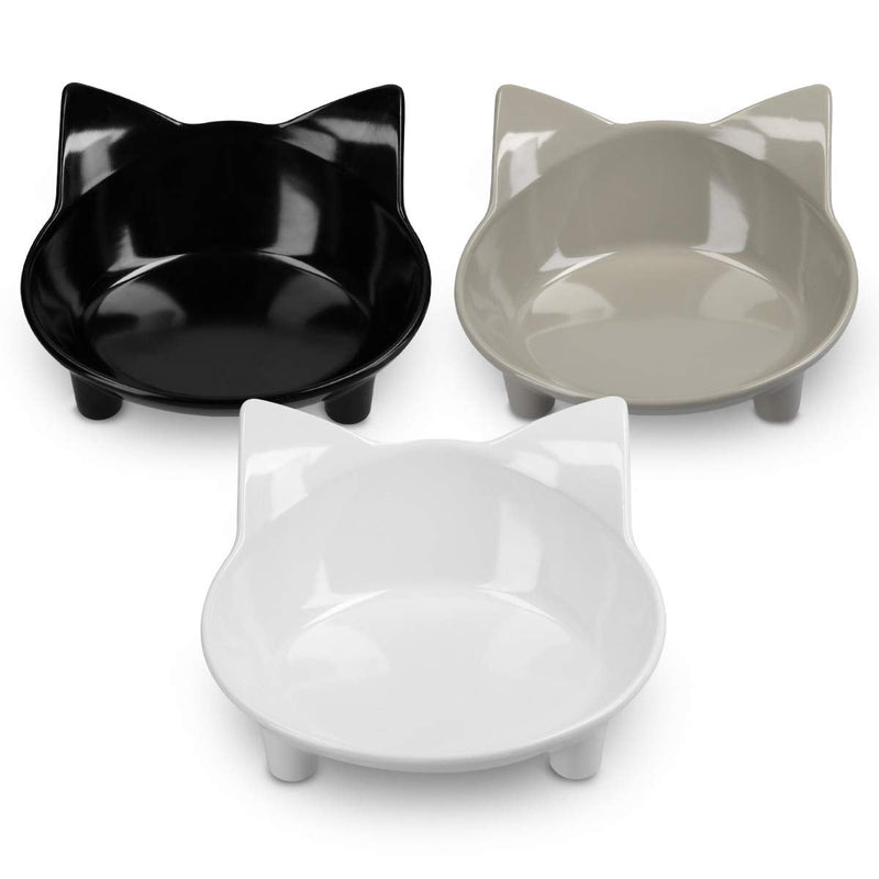 Navaris Cat Bowls with Ears (Set of 3) - Cute Feeding Bowl Set for Cats and Kittens - Non-Slip Melamine Dishes for Food and Water - Black, Grey, White - PawsPlanet Australia