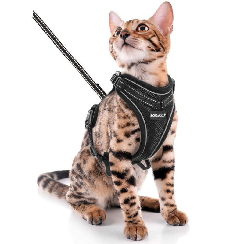 SCIROKKO Cat Harness and Lead Set - Escape Proof Adjustable Puppy Harness for Outdoor with Reflective Strap, Soft Mesh with Metal Clip Cat Walking Jacket for Kitten Rabbit Black - PawsPlanet Australia