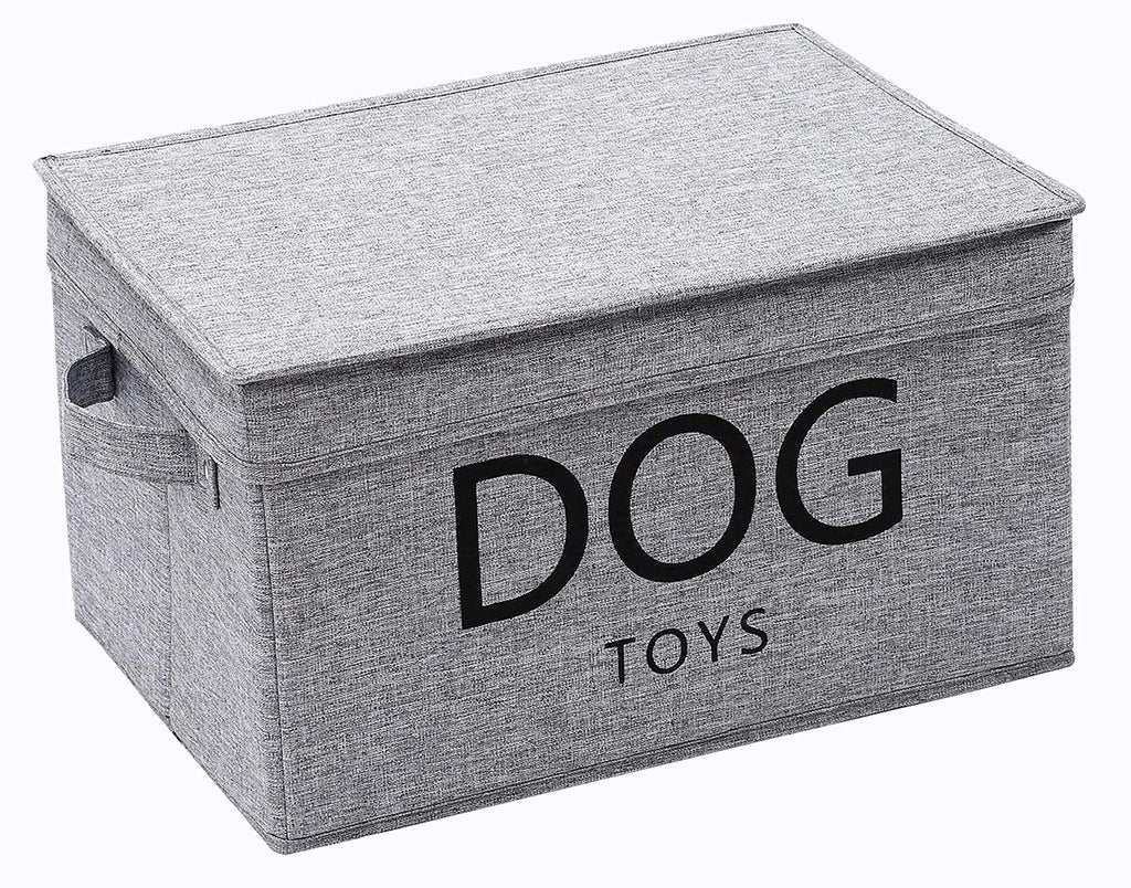 Medium dog toy bin 15"x10"x8.3" inch linen-cotton blend dog container organizer with lid - collapsible dog toy basket for organizing dog cat toys and accessories - Gray - PawsPlanet Australia