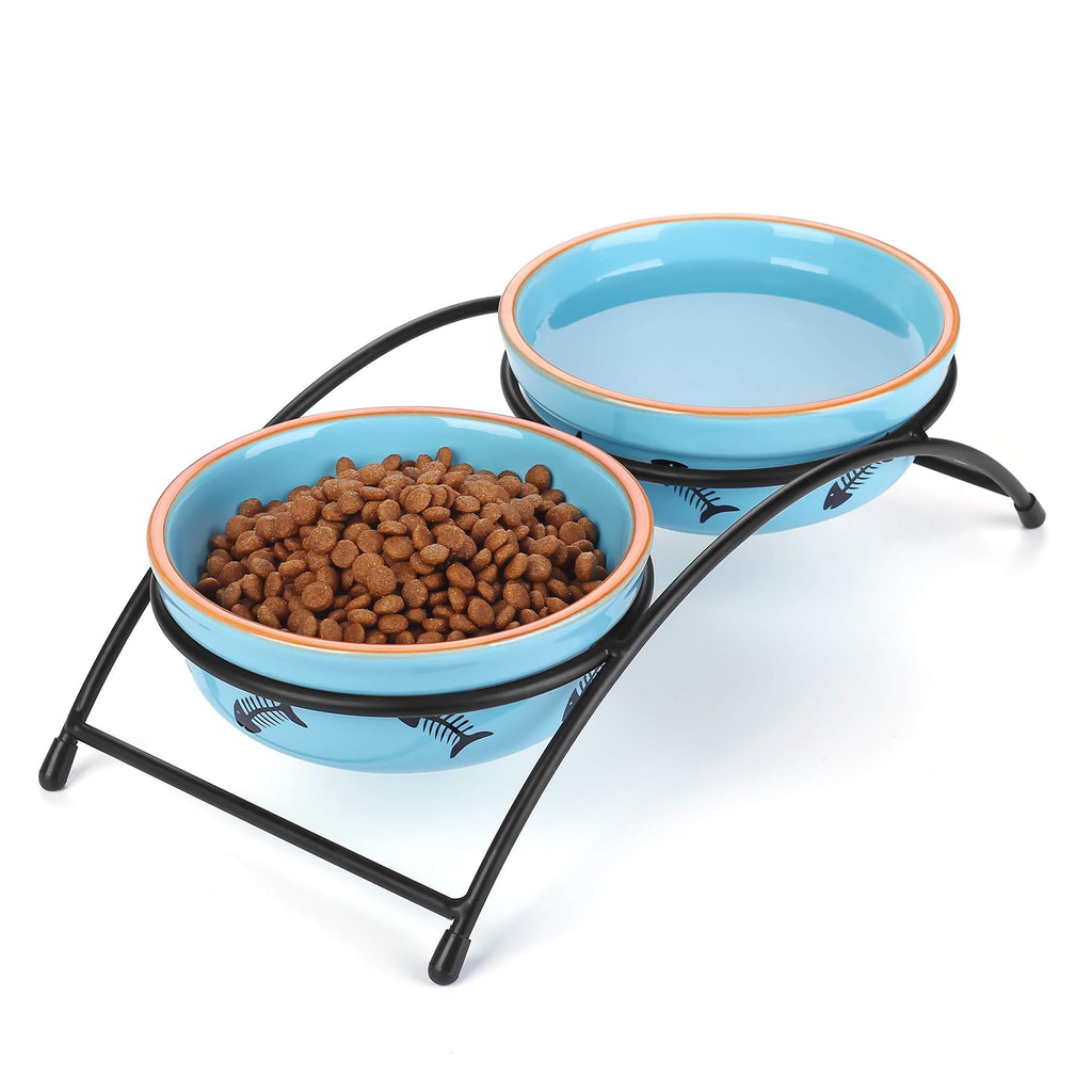 Y YHY Ceramic Raised Pet Cat Bowls, Cat Food Dishes and Water Bowls, 2 Cat Dishes, Gift for Cat and Puppy, Fish Bone Design, 355ML, Blue - PawsPlanet Australia