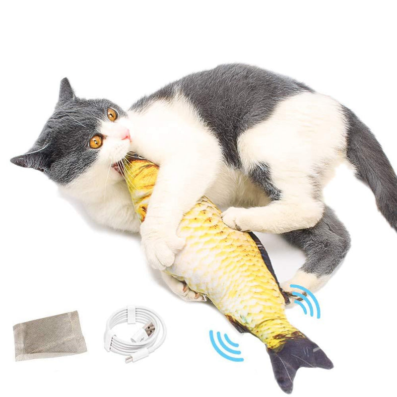 PeSandy Flopping Fish Cat Toy, 11'' Moving Cat Kicker Fish Toy with Sensor for Cat/Kitten Biting, Chewing and Kicking -Interactive Realistic Plush Simulation Doll Fish with Catnip Bag, USB Charging 1PCS,Grass Carp - PawsPlanet Australia