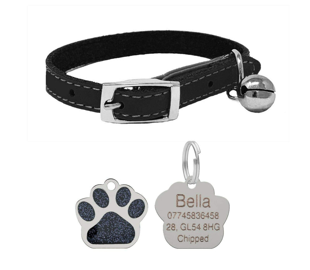 JK Leather Cat Collar, Safety Elastic Bell & Engraved Glitter Tag (Black) Black - PawsPlanet Australia