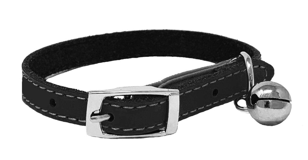JK Cat Collar Real Leather with Safety Elastic, Bell, Available (Black) Black - PawsPlanet Australia