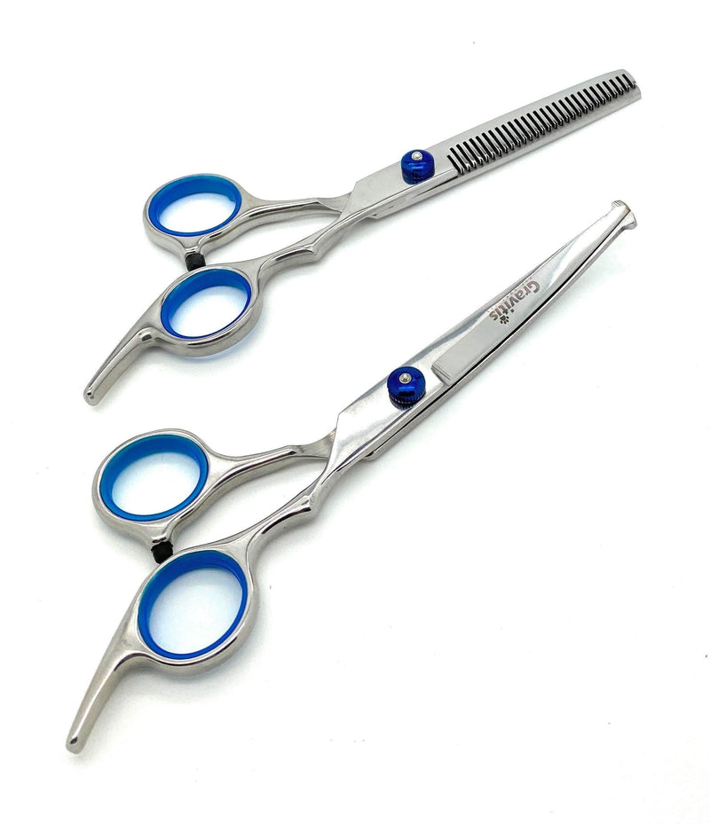 Gravitis Pet Supplies Professional Dog Grooming Scissors Duo Set with Case - 2 Pack Up-Curved Dog Trimming Scissors with rounded safety tip and Thinning Shears/Blending Scissors (Blue) - PawsPlanet Australia