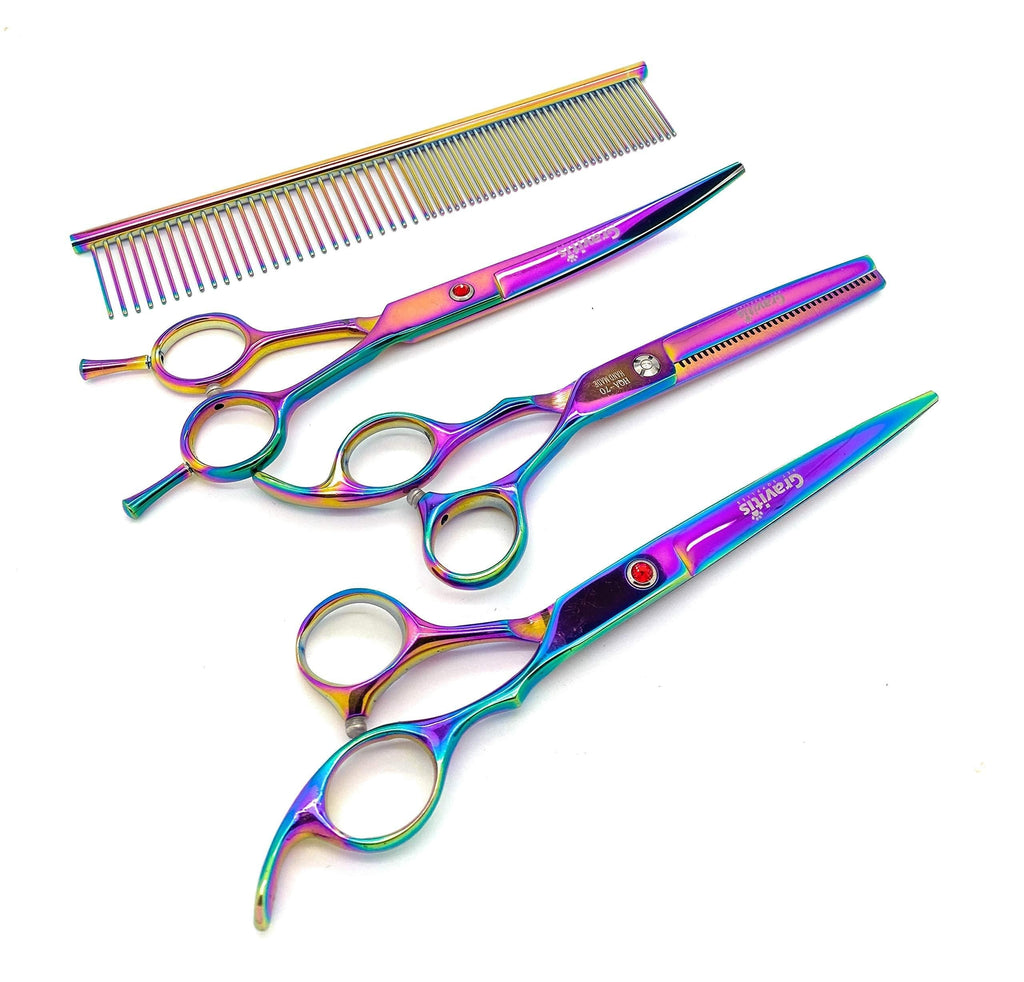 Gravitis Pet Supplies Professional Dog Grooming Scissors Four Piece Set with Case - 4 Pack: Curved Dog Scissors, Thinning Shears (Blending Scissors), Straight Scissors and Comb (Metallic Rainbow) - PawsPlanet Australia