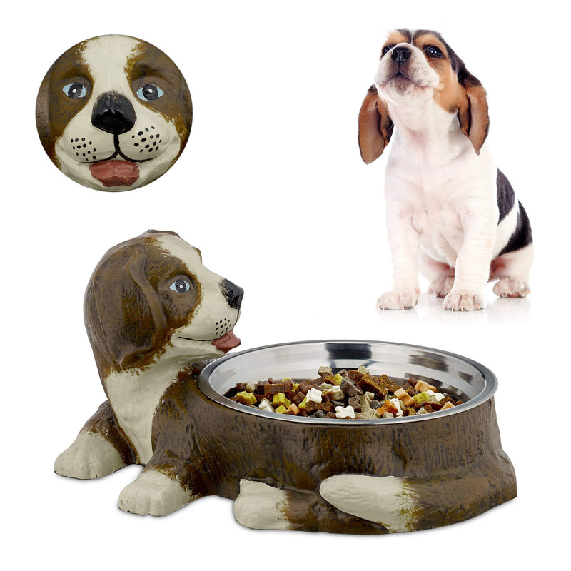 Relaxdays Cast Iron Dog Figurine, Medium Breeds, 1 L Stainless Steel Bowl, HWD 17.5x32.5x24.5 cm, Brown - PawsPlanet Australia