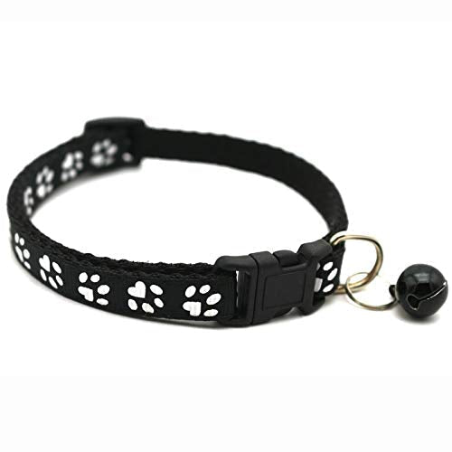 Doggie Style Store Small Dog Puppy Pet Cat Kitten Collar Pawprint Colours Whelping ID Nylon with Bell Adjustable Quick Release Clip Buckle Black - PawsPlanet Australia