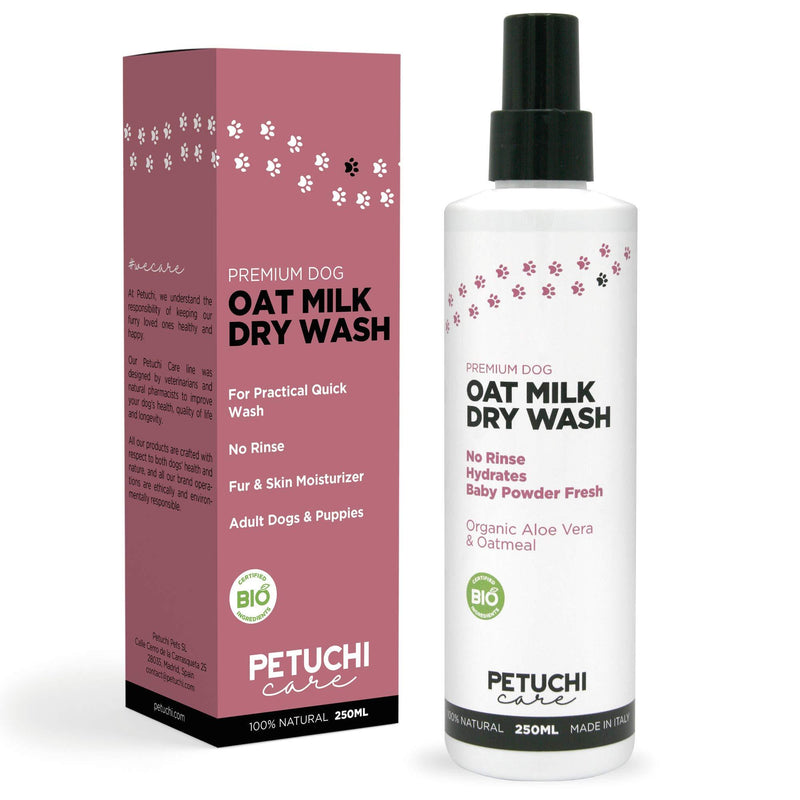 PETUCHI Dog Dry Shampoo with Organic Oatmeal and Aloe Vera; Baby Powder Fresh; No-Rinse Spray; 250ml - PawsPlanet Australia