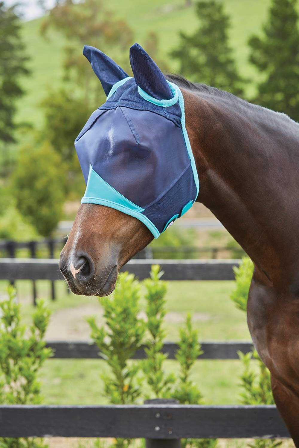 Weatherbeeta Comfitec Fine Mesh Fly Mask With Ears - Navy/Turquoise Cob - PawsPlanet Australia