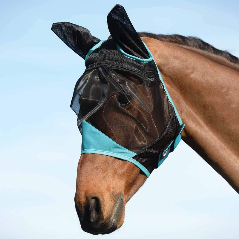 Weatherbeeta Comfitec Mask With Ears - Black Turquoise - Easy Stretch Small Pony - PawsPlanet Australia