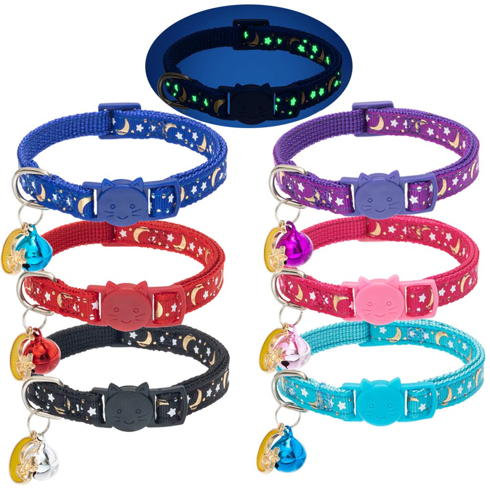 Cat Collar Breakaway with Bells - 6 Pack Glow in The Dark - Stars & Moon Charm Pendent Pet Reflective Collars Ideal for Kitten Cats Puppy - PawsPlanet Australia