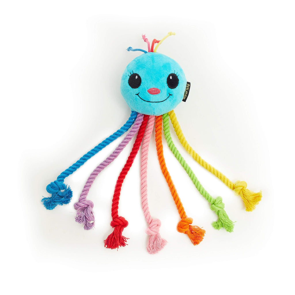 Pet London Rainbow Octopus Puppy Teething Rope Chewing Toy 12" - Soft Plush Puppy with Squeaker Inside - 7 Dangling Multicolour Rope Legs - Great Tug Training Teething Toy With Flossing Action - PawsPlanet Australia