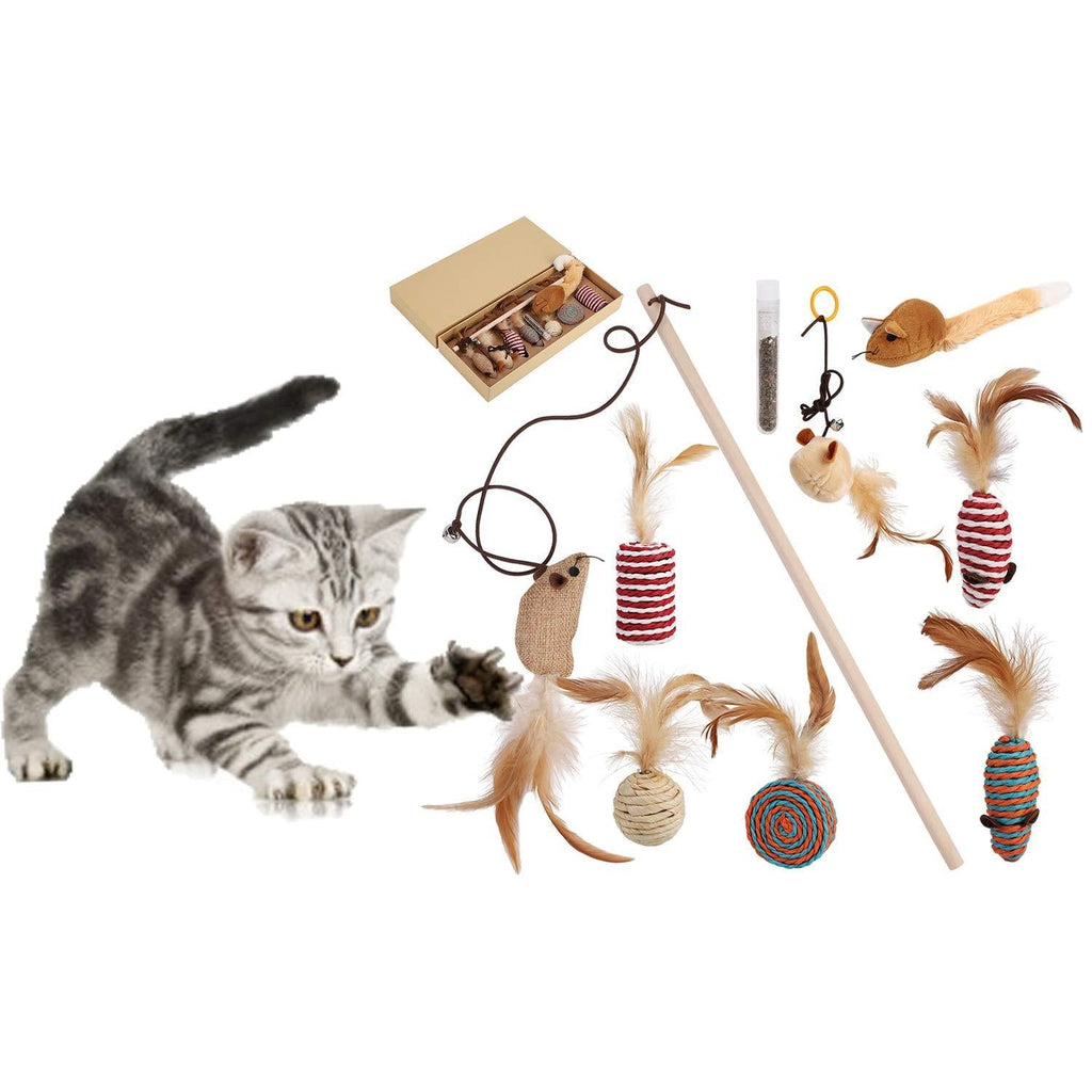 LONTG 10Pcs Cat Feather Toy Set Cat Feather Teaser Wand Toy Kittens Indoor Cats Toy Mouse Toy Ball Assorted Interactive Toys With Refills Bell Catnip Cat Toys Box Gift - PawsPlanet Australia