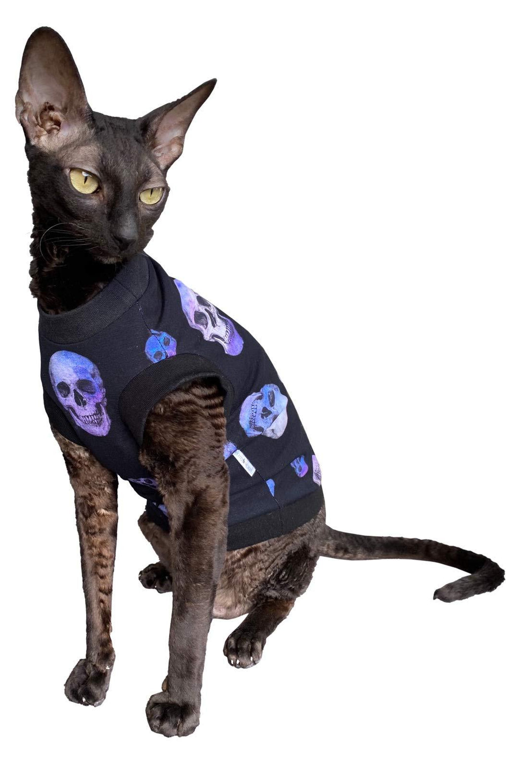 Kotomoda Hairless Cat's cotton stretch T-shirt Purple Sculls for Sphynx Cats (XS) XS - PawsPlanet Australia