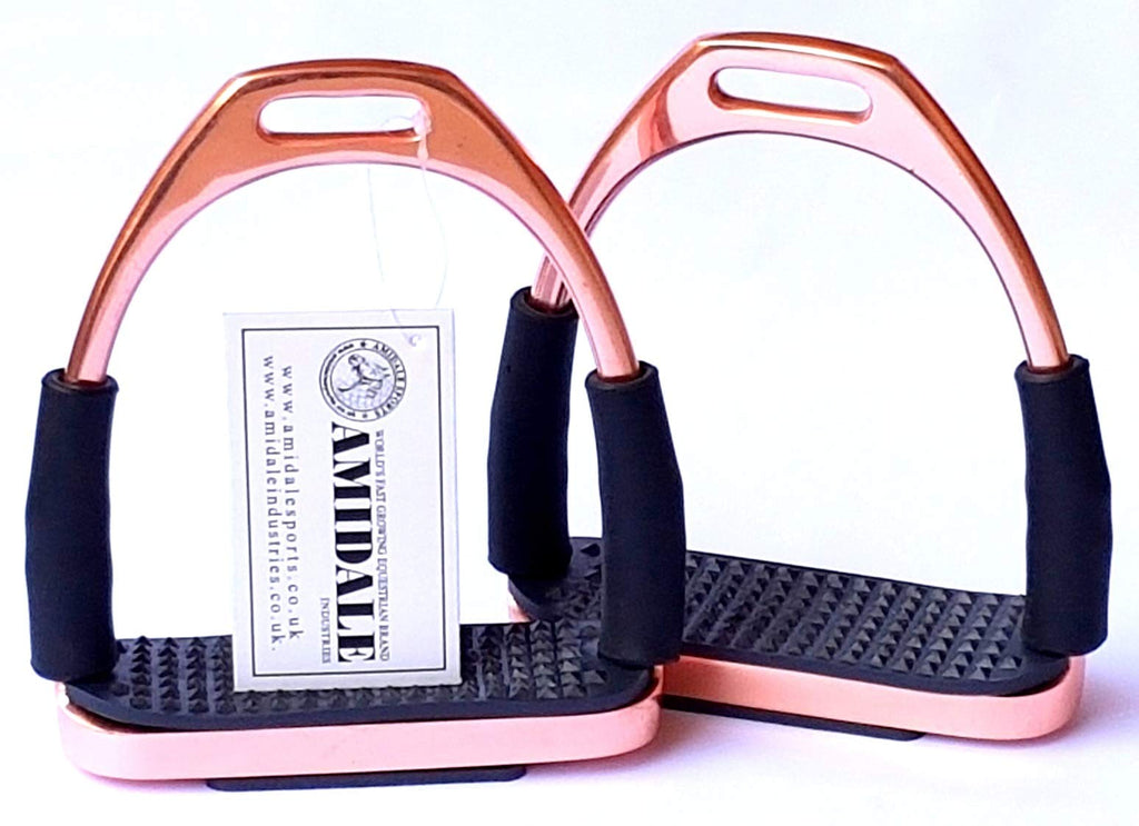 AMIDALE ROSE GOLD FLEXI SAFETY STIRRUPS HORSE RIDING IRONS STAINLESS STEEL 4.75" ROSE GOLD NEW - PawsPlanet Australia