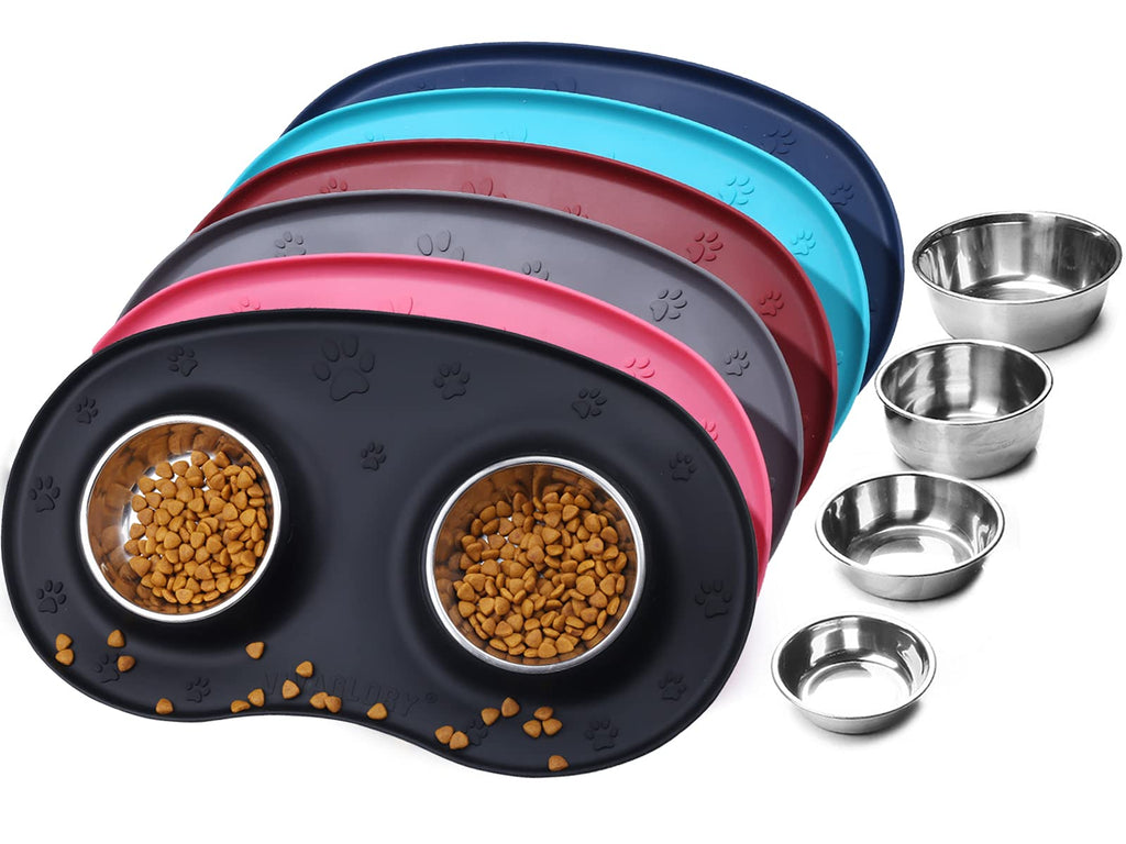 Vivaglory Dog Bowls Set with Double Stainless Steel Feeder Bowls and Wider Non Skid Spill Proof Silicone Mat for Cats Puppies Dogs 6½ oz ea. Black - PawsPlanet Australia