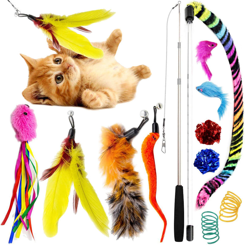 SillyPet Youngever 12 Pieces Cat Toys Teasing Feather Toy, Retractable Wand with Assorted Teaser Refills, Interactive Feather Teaser Wand Toy Bell Kitten Cat Having Fun Exerciser Playing - PawsPlanet Australia