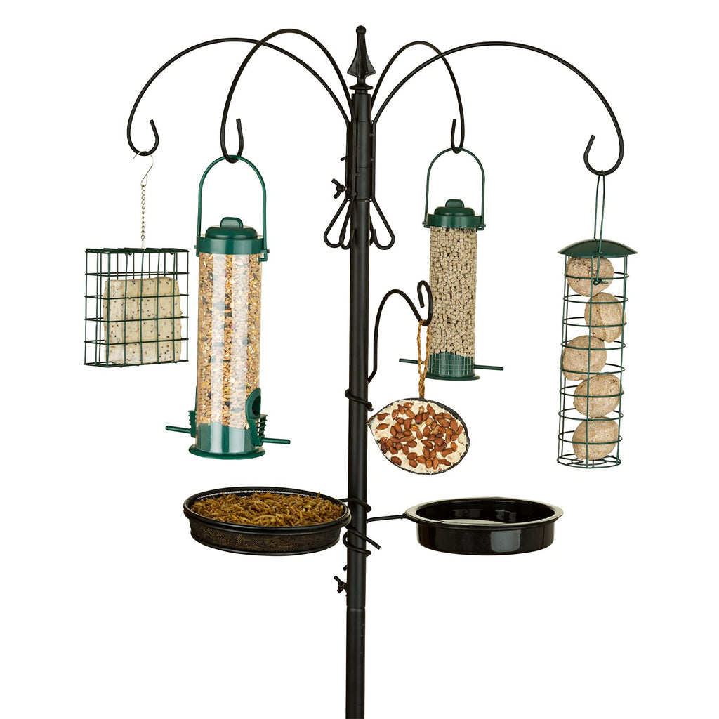 SA Products Premium Bird Feeding Station - Complete Set of 4 Seed, Nuts, and Suet Block Feeder Cages and 2 Trays - Metal Containers with Stand and Ground Spike Base - H: 170 cm, W: 55 cm, D: 55 cm - PawsPlanet Australia